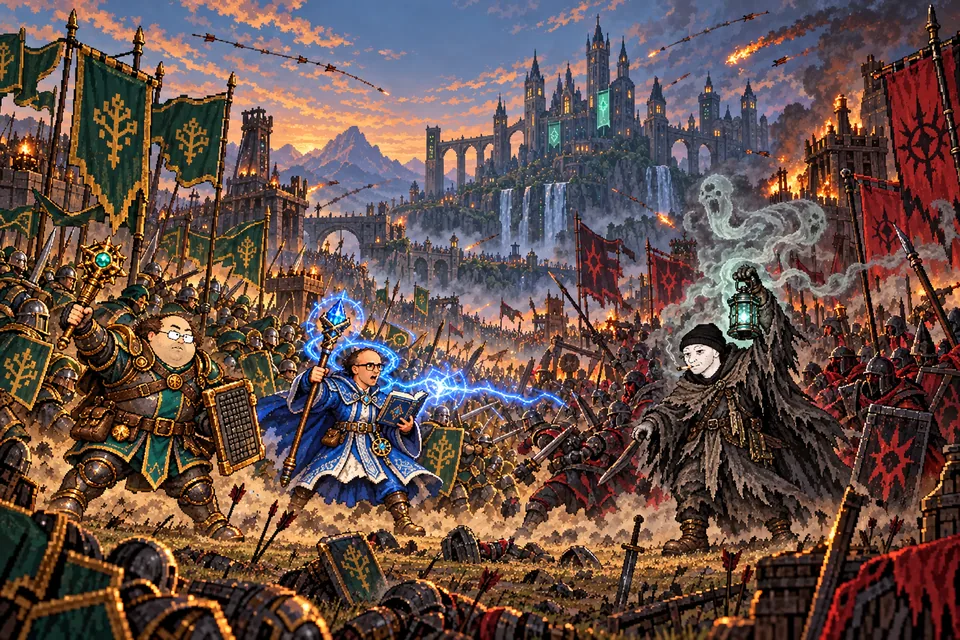 Two guild armies under green and crimson banners clash in front of a castle