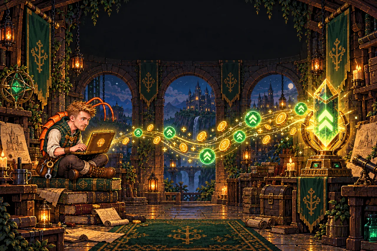 The Brinebound Builder types on his laptop while gold and XP pour into a level-up crystal