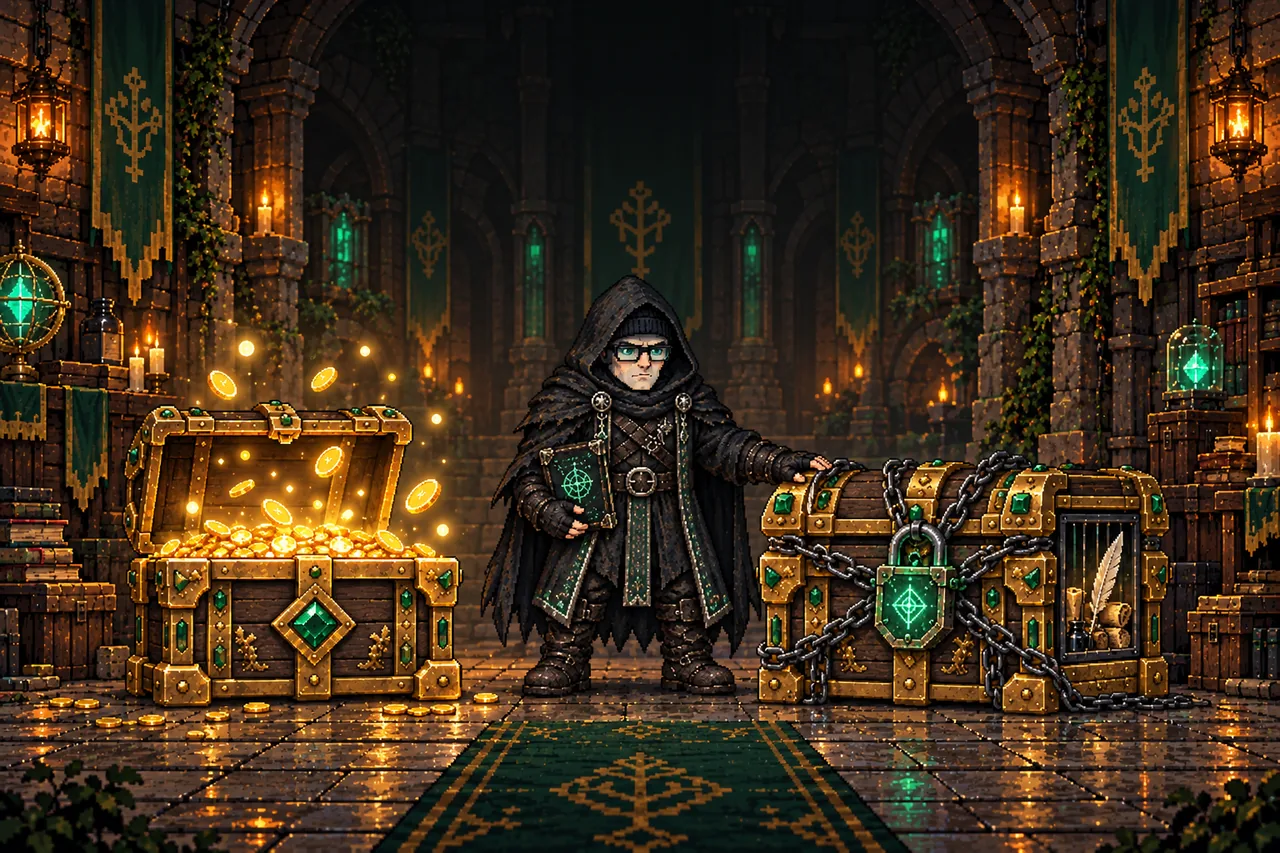 Rootshade guards a chained chest of scrolls beside an open chest of gold